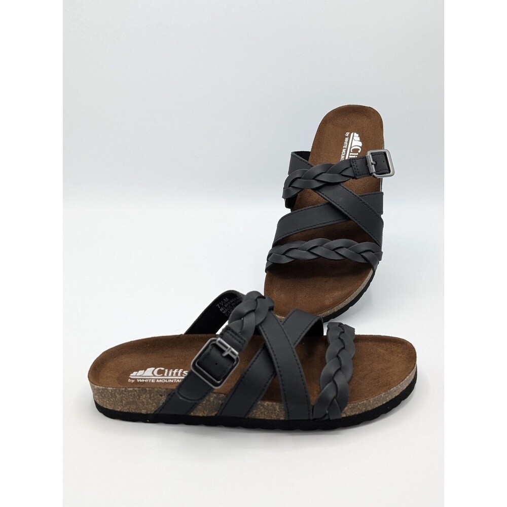 Cliffs White Mountain Sandals Women 7.5 Black Braided Strap Slide Cork Footbed